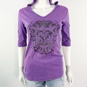 Vintage Sledge USA Purple Rhinestone T-Shirt Top Size L Y2K 3/4 Sleeve 90s Goth